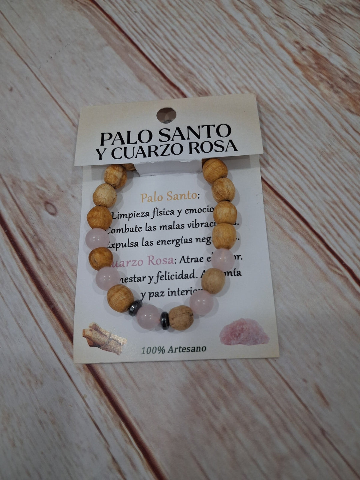Pulsera de palo santo y cuarzo rosa