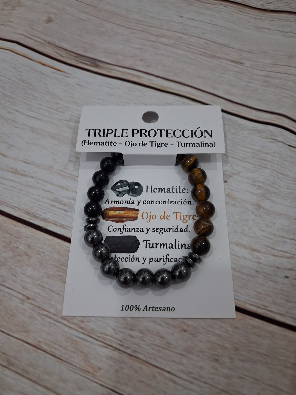 Pulsera triple protección de hematite,ojo de tigre y turmalina