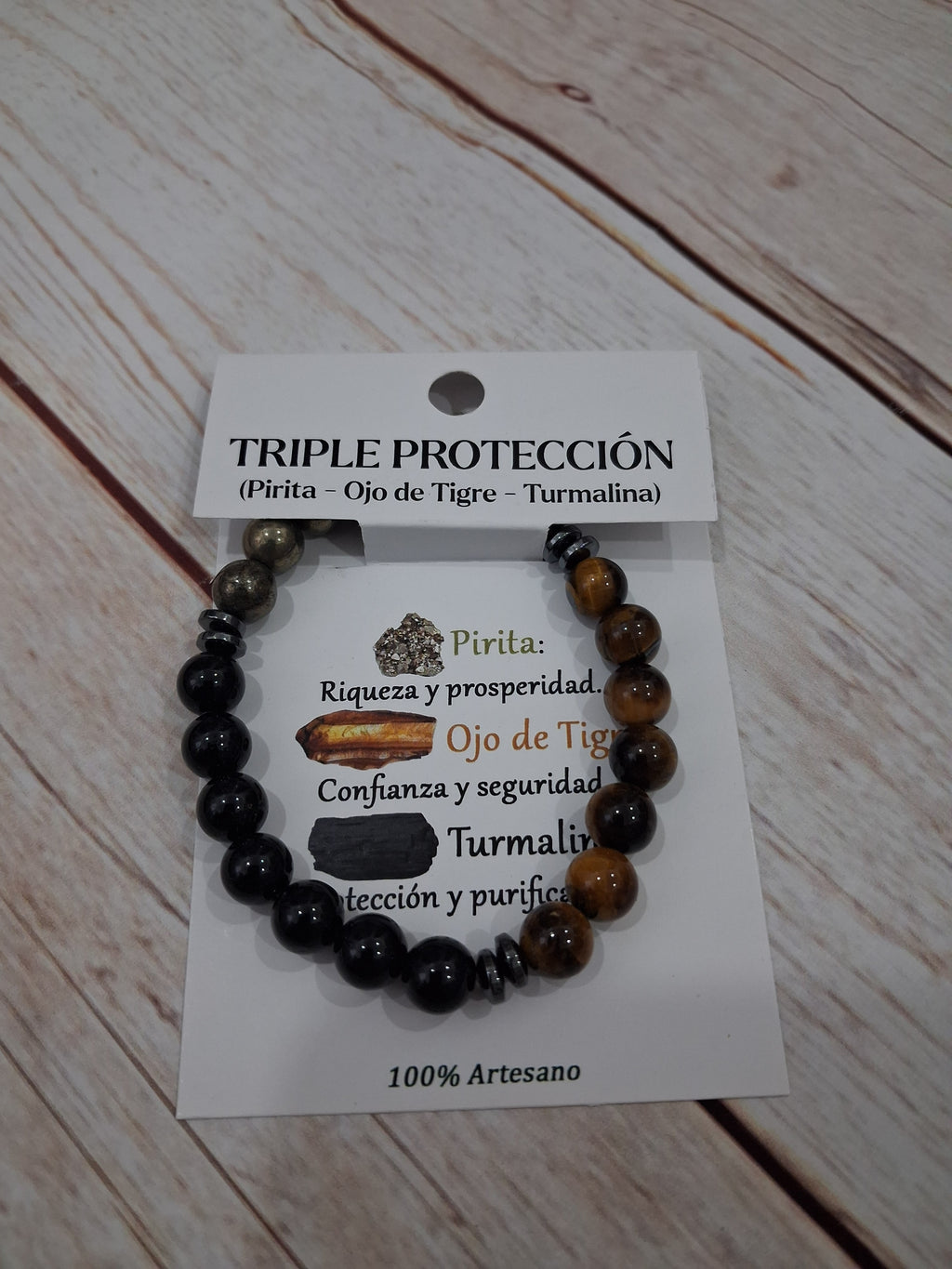 Pulsera triple protección, pirita,ojo de tigre y turmalina