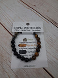 Pulsera triple protección, pirita,ojo de tigre y turmalina